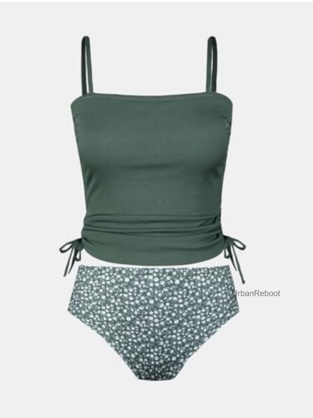Ribbed Ruched Drawstring Tankini Set High Waisted Removable Cups - Picture 5 of 6